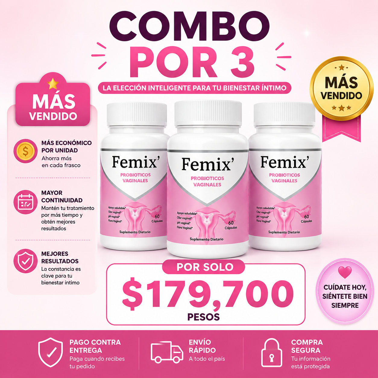 3 FRASCOS FEMIX' PROBIOTICOS VAGINALES x 60 CAPSULAS