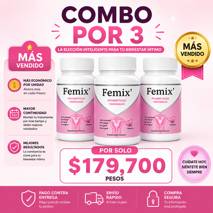 3 FRASCOS FEMIX' PROBIOTICOS VAGINALES x 60 CAPSULAS